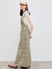 Tweed V-neck Check Button Pleated Wide Leg Jumpsuit