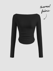 Thermal Cotton-blend Boat Neck Solid Ruched Long Sleeve Tee