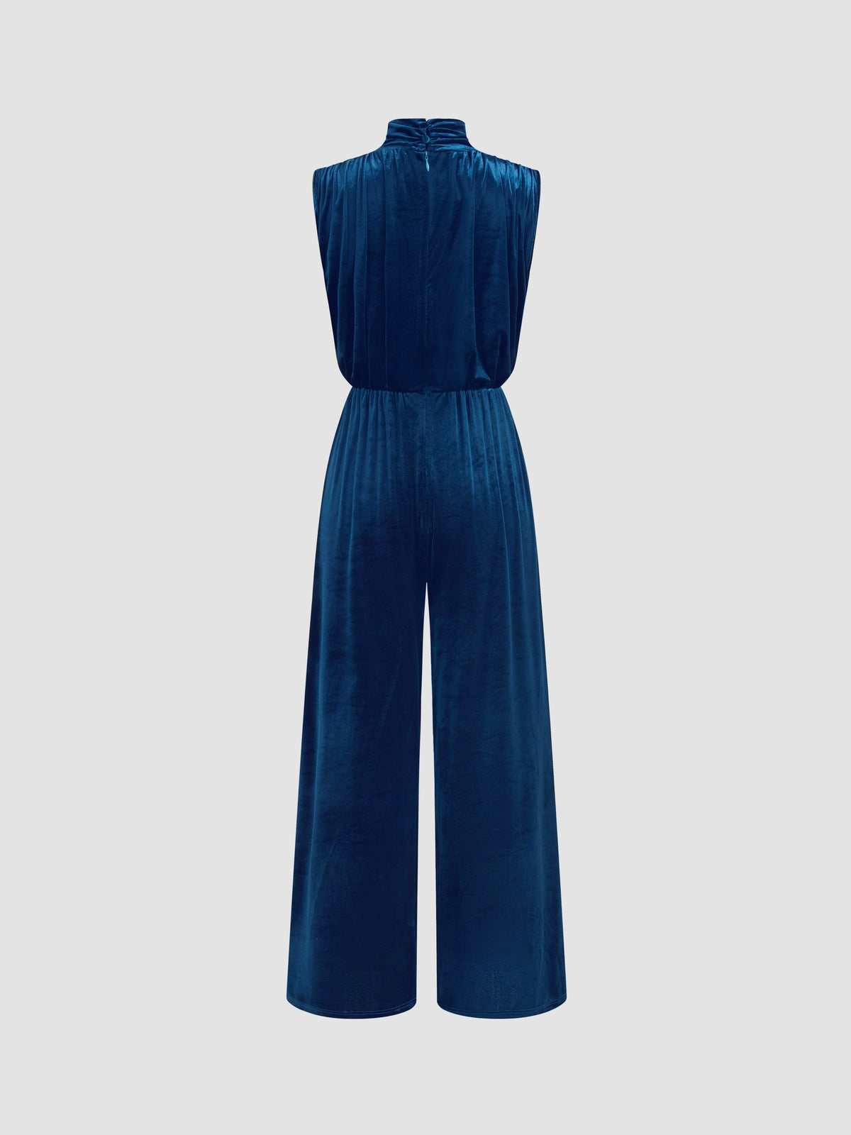 Velvet High Neck Ruched Zipper Wide Leg Jumpsuit