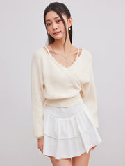 Knit V-neck Solid Wrap Crop Long Sleeve Top