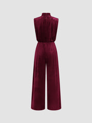 Velvet High Neck Ruched Zipper Wide Leg Jumpsuit