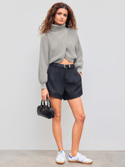 High Neck Solid Knitted Long Sleeve Crop Sweater