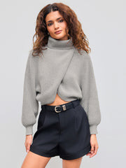 High Neck Solid Knitted Long Sleeve Crop Sweater