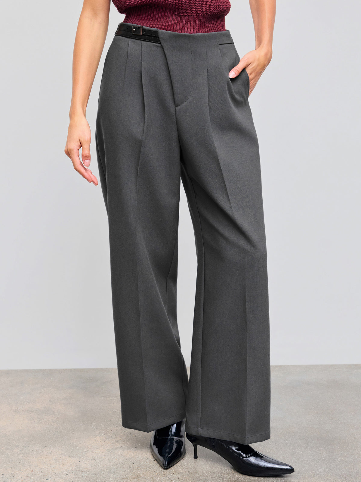 Belted Asymmetric Straight Leg Trousers