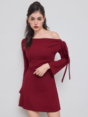 Asymmetrical Neck Ruched Knotted Mini Dress