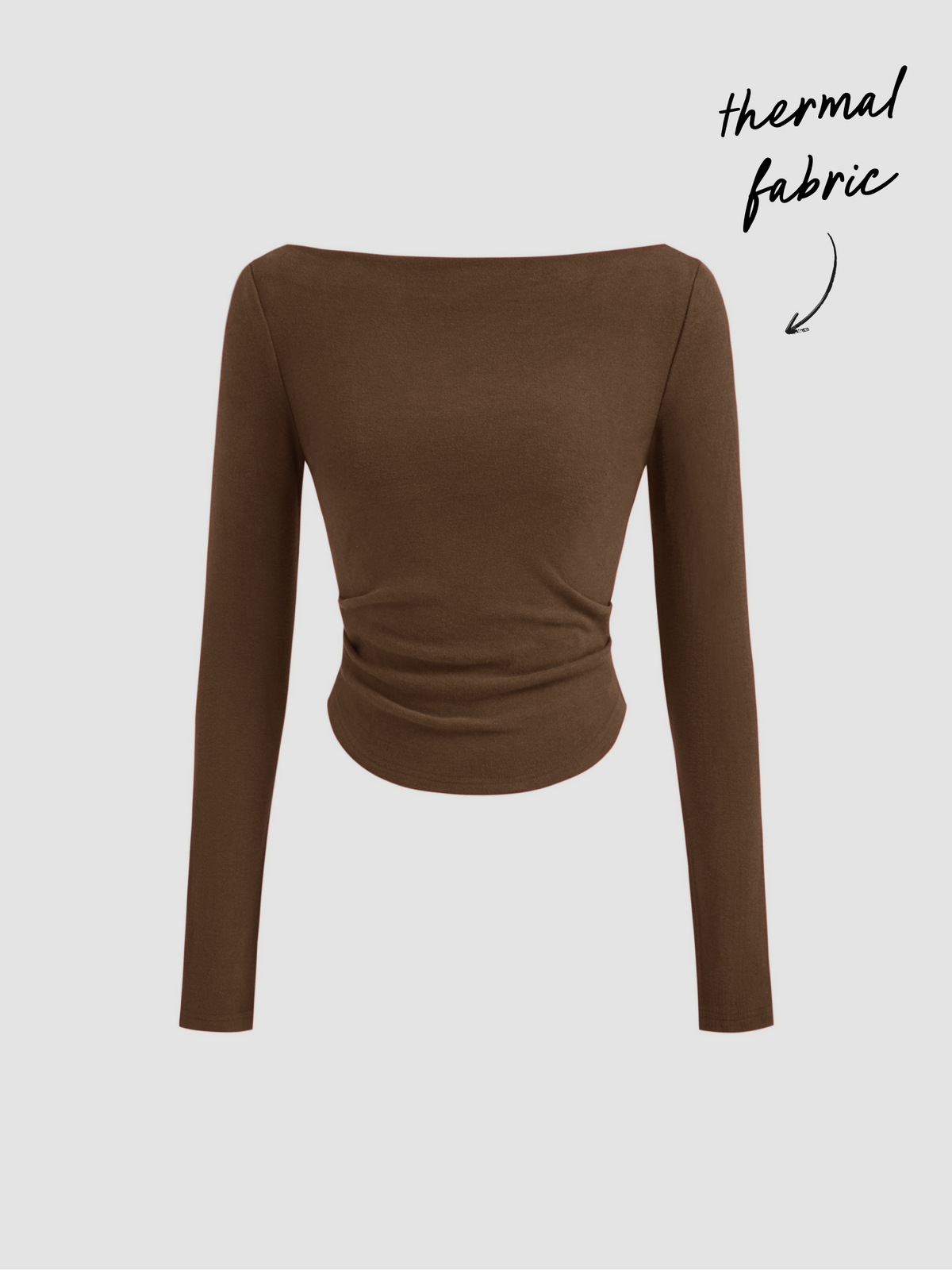 Thermal Cotton-blend Boat Neck Solid Ruched Long Sleeve Tee
