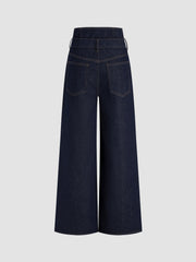 Double High Rise Solid Button Wide Leg Jeans