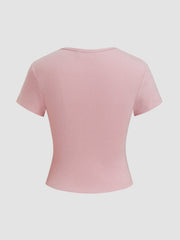 Round Neckline Solid Button Short Sleeve Top