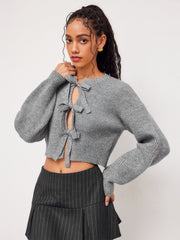 Knit Round Neck Solid Tie Front Bowknot Cardigan