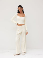 Low Rise Tie Back Pleated Wide Leg Jeans