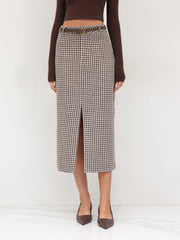 Cotton-blend Mid Rise Houndstooth Maxi Skirt With Belt