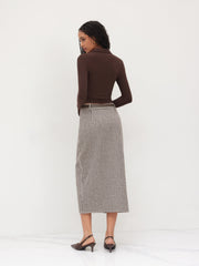 Cotton-blend Mid Rise Houndstooth Maxi Skirt With Belt