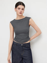 Boat Neck Solid Ruched Tank Top