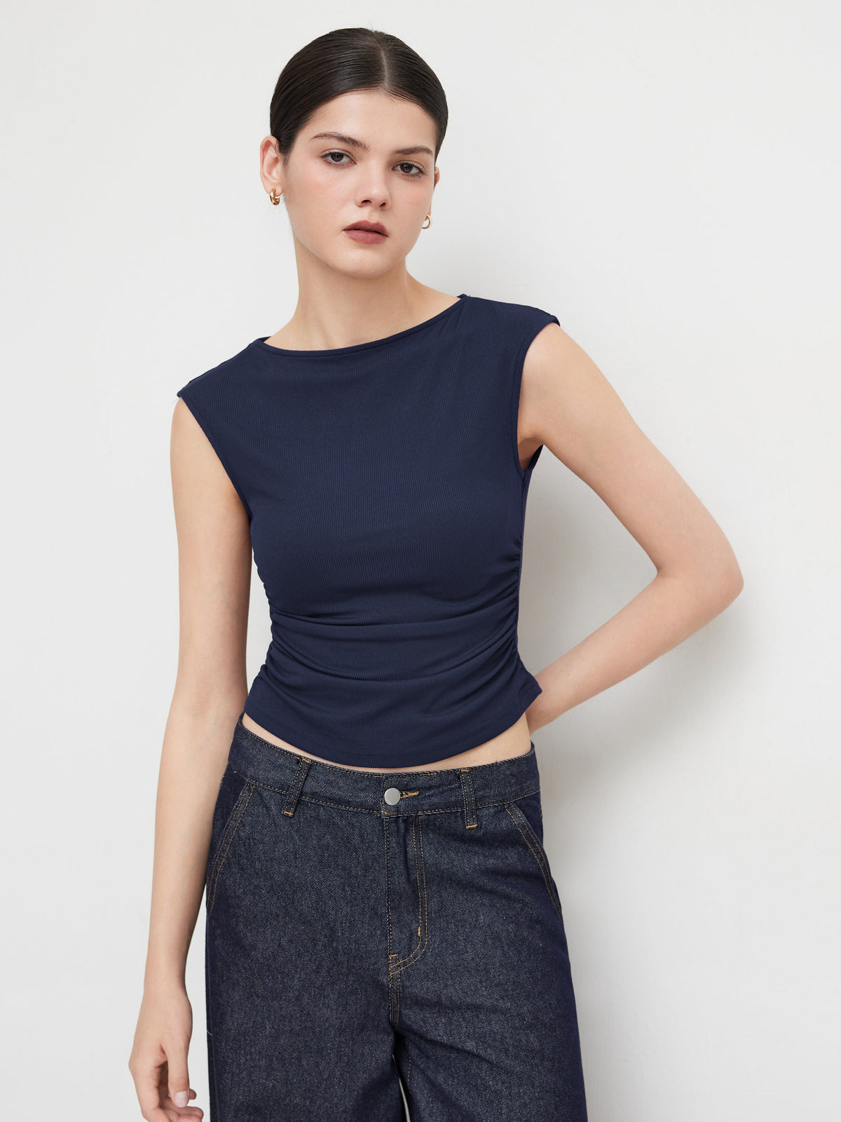 Boat Neck Solid Ruched Tank Top