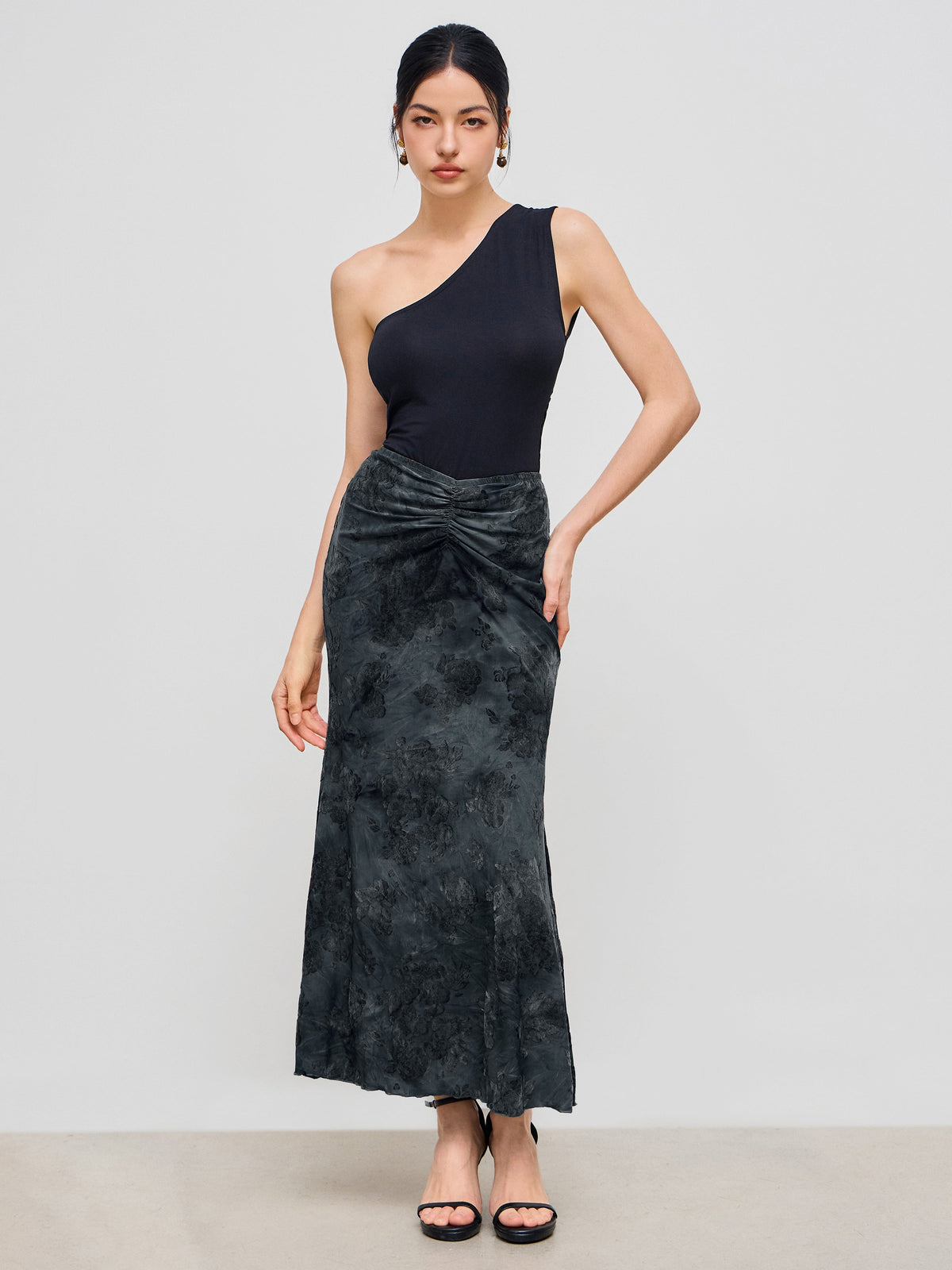 Mid Rise Floral Ruched Maxi Mermaid Skirt