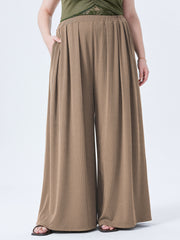Solid Elastic Waist Pocket Wide Leg Pants Curve & Plus