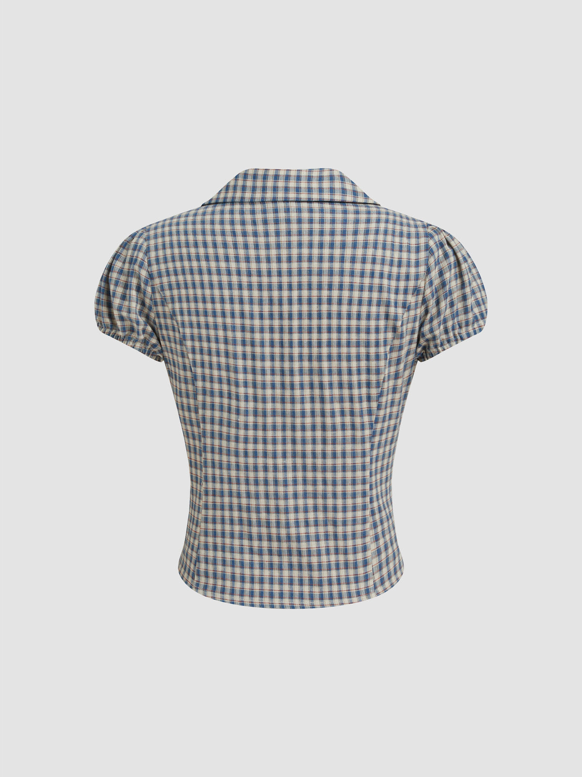 Cotton V-neck Check Button Short Sleeve Blouse