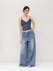 V-neck Solid Lace Ruched Cami Top