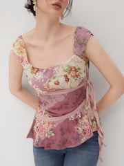 Mesh U-neckline Floral Asymmetrical Ruffle Trim Knotted Tank Top