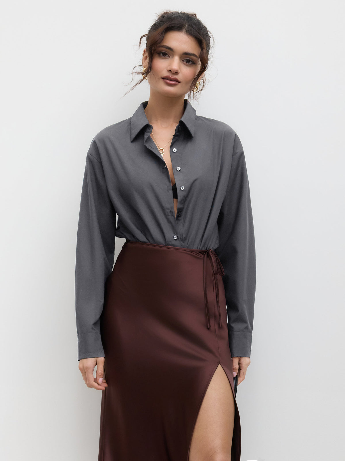 Collar Solid Button Long Sleeve Shirt Bodysuit