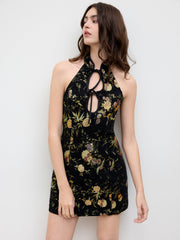 Jacquard Halter Neckline Floral Cut Out Tie Front Mini Dress