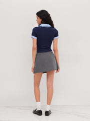 Cotton Collar Stripe Two Tone Short Sleeve Top