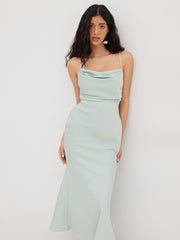 Satin Square Neck Ruched Lace Maxi Dress