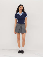 Cotton Collar Stripe Two Tone Short Sleeve Top
