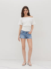 Cotton-blend Asymmetrical Neck Ruched Tee