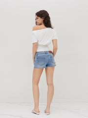 Cotton-blend Asymmetrical Neck Ruched Tee