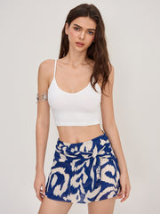 Round Neckline Solid Crop Cami Top With Mid Rise Abstract Knotted Mini Skort