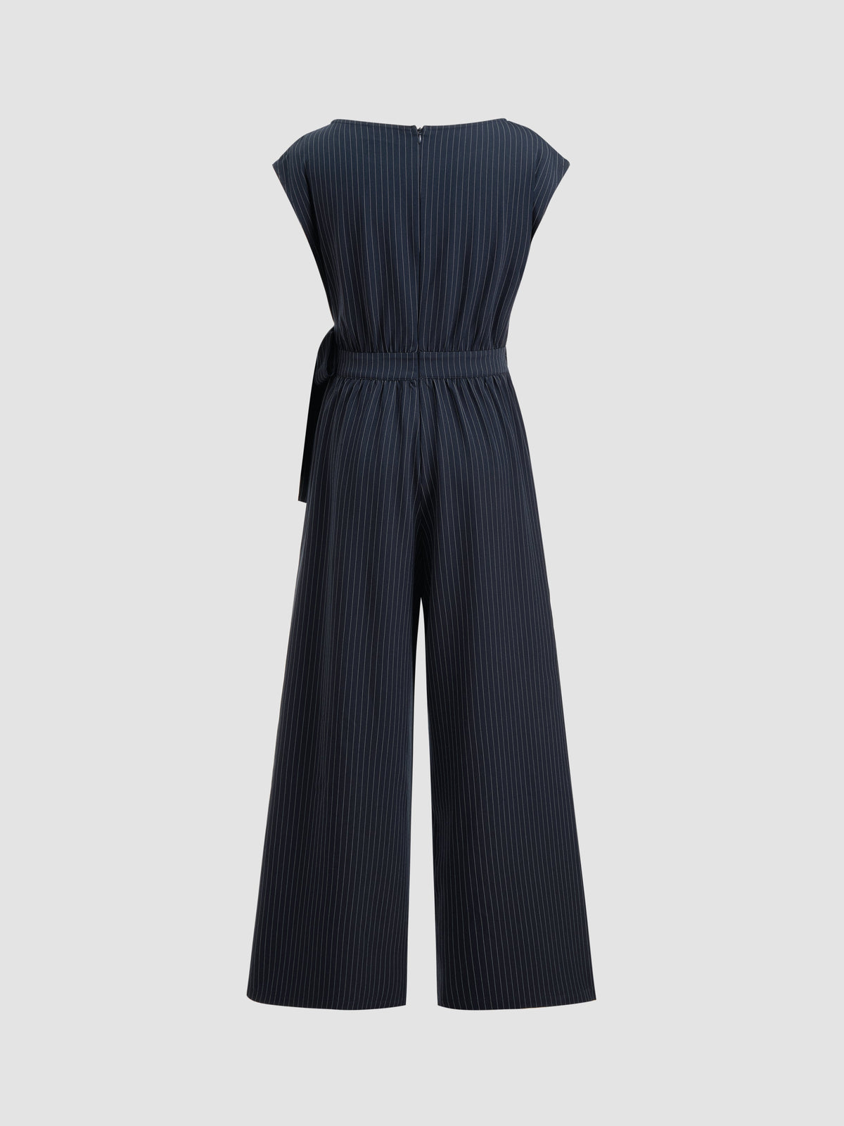 Boat Neck Stripe Ruched Knotted Straight Leg Jumpsuit