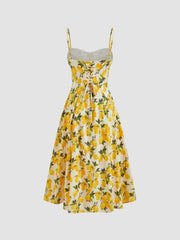 Cotton Lemon Lace Up Pleated Cami Midi Dress