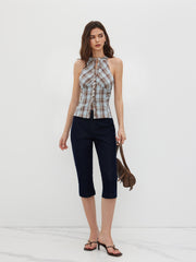 Stand Collar Plaid Ruched Split Top