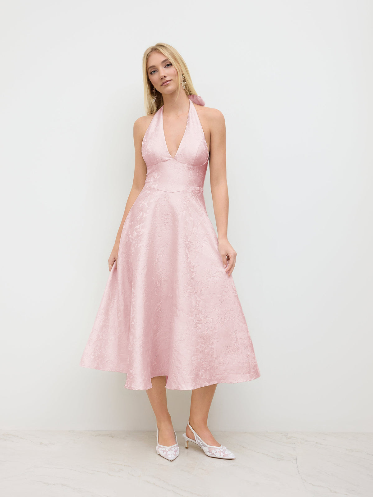 Jacquard Halter Neckline Floral Lace Up Maxi Dress