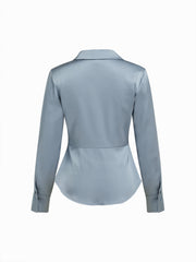 Satin Collar Long Sleeve Curved Hem Cinched Waist Shirt