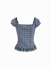 Sweetheart Tartan Ruched Lettuce Trim Layered Blouse