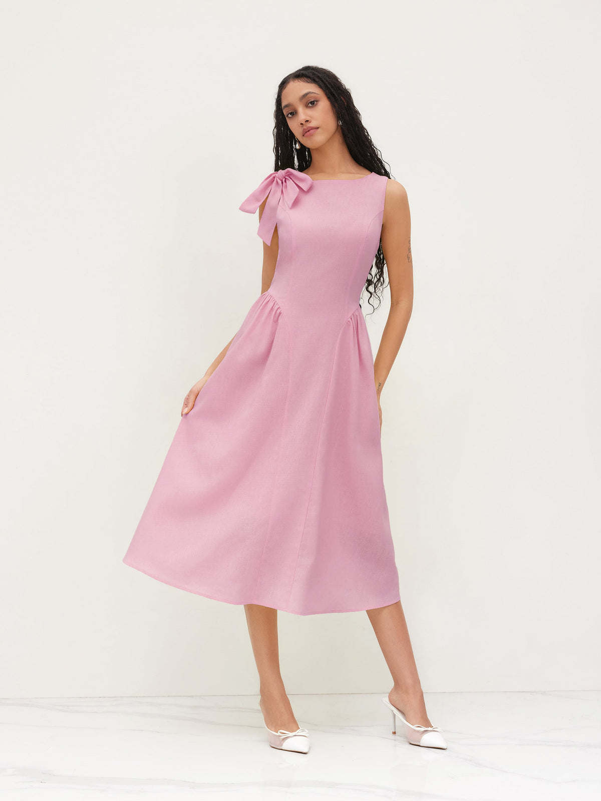 Linen-blend Boat Neck Bowknot Ruffle Midi Dress