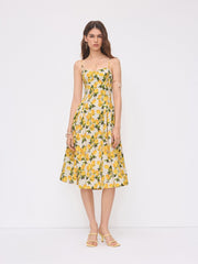 Cotton Lemon Lace Up Pleated Cami Midi Dress