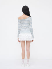 Knit Wool-blend Asymmetrical Neck Stripe Long Sleeve Top
