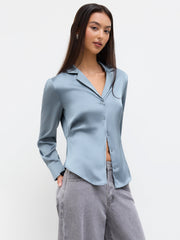 Satin Collar Long Sleeve Curved Hem Cinched Waist Shirt