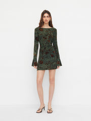 Boat Neck Floral Ruched Backless Metal Detail Lettuce Trim Mini Dress