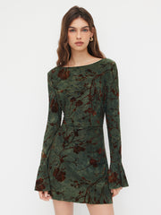 Boat Neck Floral Ruched Backless Metal Detail Lettuce Trim Mini Dress