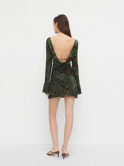 Boat Neck Floral Ruched Backless Metal Detail Lettuce Trim Mini Dress