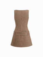 Boat Neck Houndstooth Belted Mini Dress