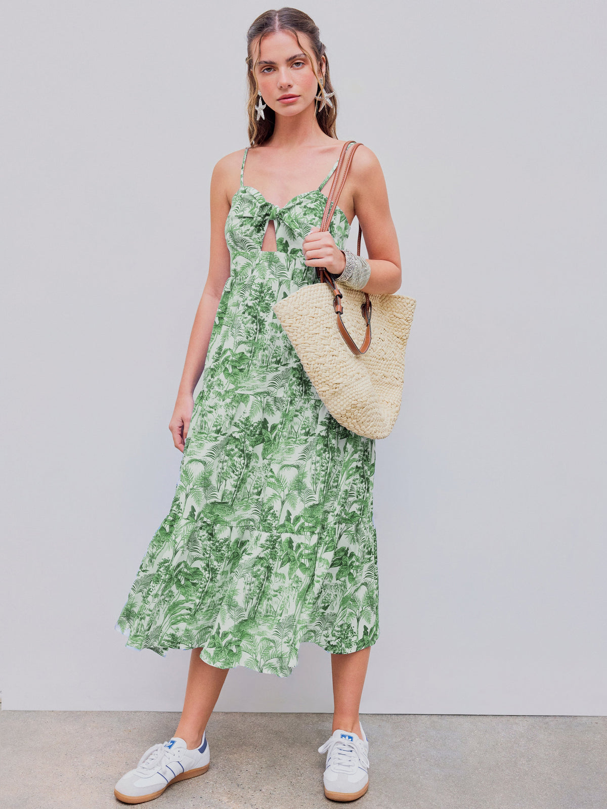 V-neck Landscape Painting Cut Out Knotted Cami Midi Dress