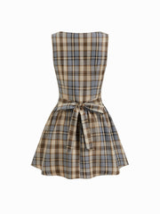 Plaid Asymmetrical Neck Ruched Tie Back Mini Dress