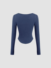 Thermal Cotton-blend Square Neck Solid Thumb Hole Long Sleeve Tee