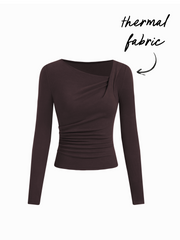 Thermal Cotton-blend Asymmetrical Neck Long Sleeve Ruched Top