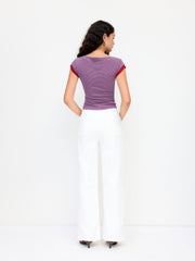 Boat Neck Stripe Contrasting Binding Short Sleeve Tee